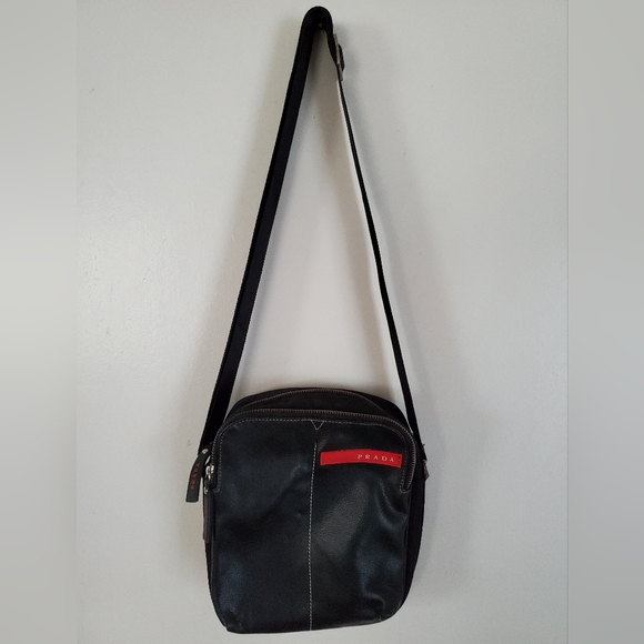 Prada Black Linea Rossa Leather/Nylon messenger crossbody bag unisex